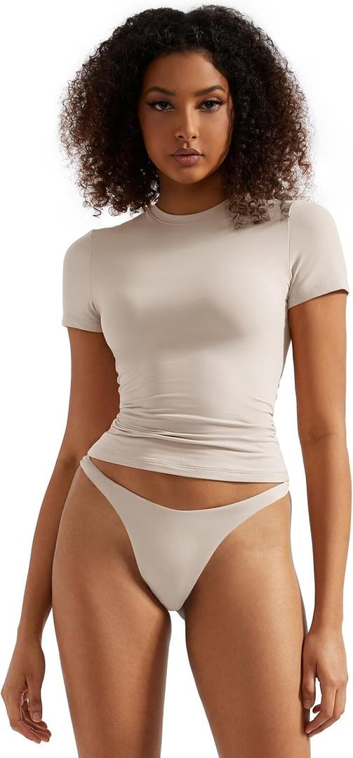 SUUKSESS Women Double Lined Fitted Basic Tee Crew Neck Short Sleeve Y2K Crop Top (X-Small, Soft Sand)
