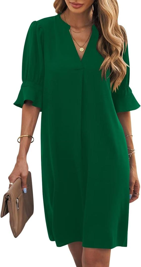 Wkior Shift Dress for Women V Neck Short Sleeves Solid Color Casual Flowy Summer Dresses XXL