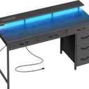 Huuger Gaming Desk with 6 Drawers, Computer Desk with LED Lights Power Outlets and Type-C, 47 Inch Office Desk with Storage, Monitor Stand, Writing Desk Work Desk Home Office, Bedroom, Study, Black