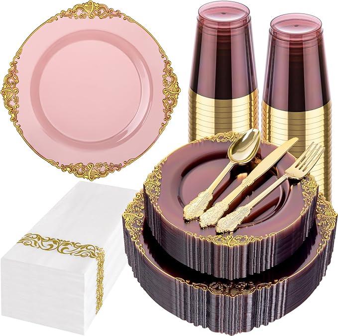 Burgundy and Gold Plastic Plates, Disposable Dinnerware Set for 25 Guests. 150pcs