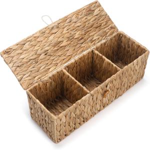 Wicker Bathroom Basket with Lid, Water Hyacinth Toilet Tank Basket with 3 Compartments, Woven Storage Box for Bathroom Organizer (13.2 x 5.1 x 4.5 inch)