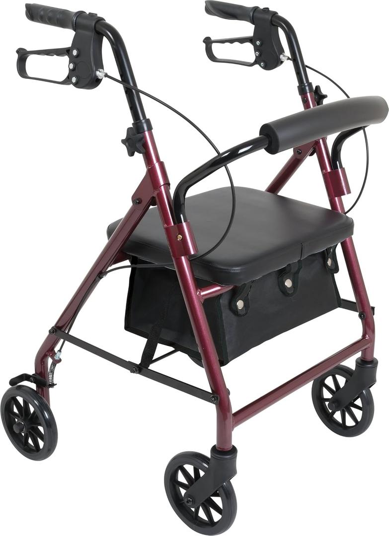 Probasics Junior Aluminum Rollator with 6 Inch Wheels, 250 Pound Weight Capacity, Burgundy, Medical Walker
