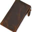 Mens Genuine Leather Long Wallet Bifold Long Wallet Zipper Wallet (Dark Brown)