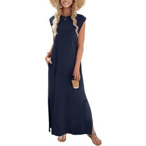 Zeagoo Summer Dresses for Women 2026 Black Long Maxi Sundresses Loose Split Wrinkle-Free Beach Travel Vacation Clothes (Medium, Blue)