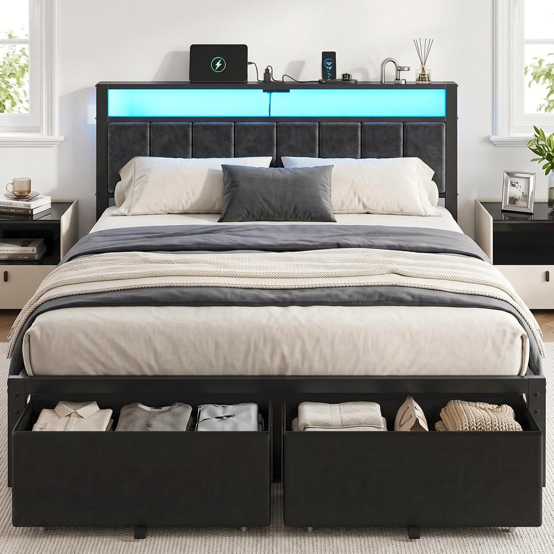Queen Size Bed Frame with Upholstered Headboard and 2 Storage Drawers
Smart RGB LED Lights, Usb & Type C Charging Station, Black Platform Bed, Metal Slats, Noise Free, No Box Spring Needed