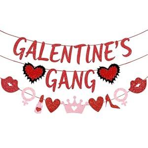 Pre-Strung Galentines Gang Banner with Cute Red Pink Lip Lipstick Heart Crown Heels Garland for Ladies Girls Women Valentine's Day Party Celebration Home Indoor Decorations Photo Backdrop Decor Favor