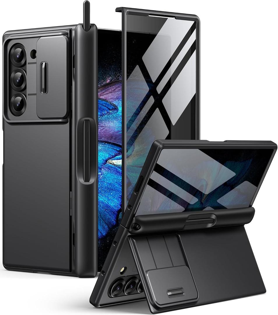 BERFY for Z Fold 5 Case with Privacy Screen Protector, [Anti Spy] Built-in S Pen Holder & Hidden Kickstand & Slide Camera Cover, Full Body Shockproof Slim Phone Case for Samsung Galaxy Z Fold 5, Black