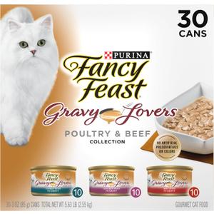 Purina Fancy Feast Gravy Lovers Poultry and Beef Grilled Gourmet Wet Cat Food Variety Pack - (Pack of 30) 3 oz. Cans (EXP 02/29/28)