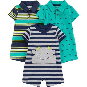 Simple Joys by Carter's Baby Boys' 3-pack Rompers (Green Dinosaur/Navy Stripe/Yellow Stripe)