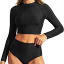 Pinup Fashion Long Sleeve Rash Guard - 2 Piece Swimsuit Bathing Suits with Bottom Swim Top UV UPF 50+ (Black)