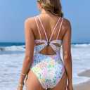 ZAFUL Women's One Piece Swimsuit Tummy Control Slimming Swimwear Floral Double-Strap Back Cut Out Bathing Suit (White, S)