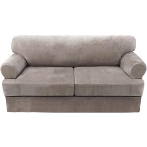 H.VERSAILTEX Sofa Cover 3 Piece T Cushion Loveseat Slipcovers Thick Velvet Couch Cover Furniture Protector Stretch T Cushion Sofa Covers for 2 Cushion Couch with 2 T Cushion Covers Washable, Taupe (2 Cushion Loveseat)