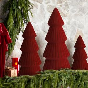 Christmas Decorations - Set of 3 Velvet Ceramic Christmas Trees - Modern Cone Indoor Christmas Decoration Centerpieces for Table Mantel and Living Room Home Decor (Red)