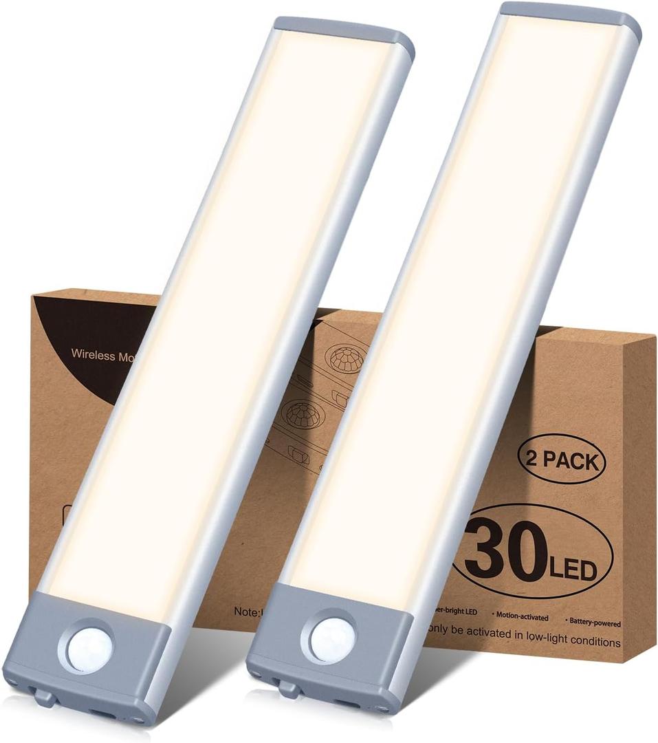 PRIORARE Motion Sensor Led Under Cabinet Lighting Wireless Cabinet Light Rechargeable, Closet Light 30Led Battery Operated for Kitchen, Closet (Warm White, 2Pack)