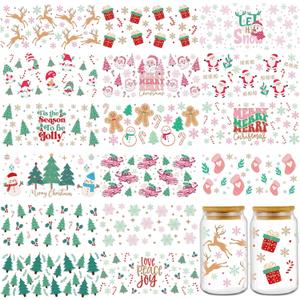 Christmas UV DTF Cup Wrap - 16 Sheets Winter UV DTF Cup Wraps for 16 oz Snowflake Gnome UVDTF Decals Pink Rub on Transfer Stickers for Glass Cups DIY Crafts