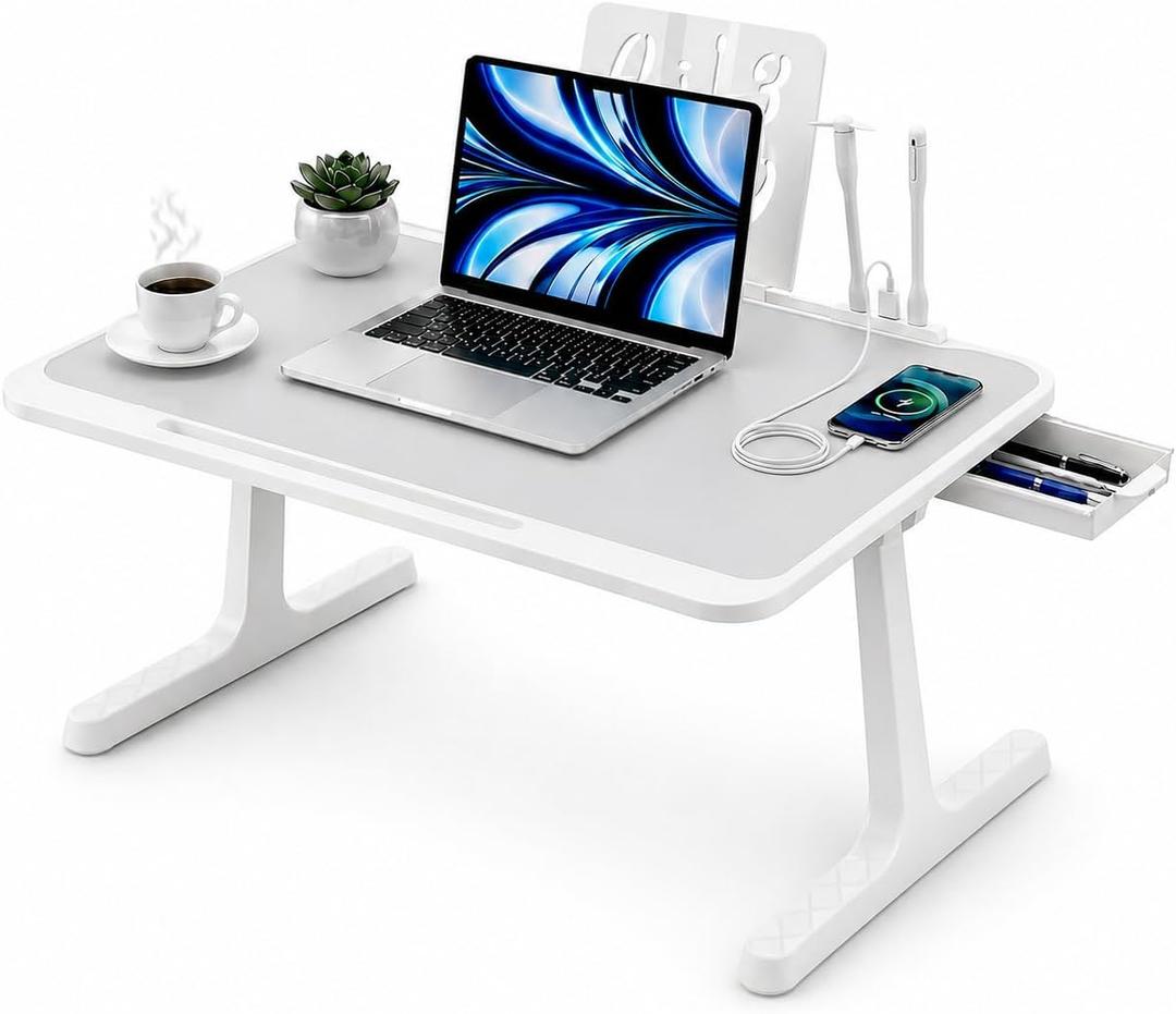 USB-C LED Light Foldable Lap Desk with LED Lamp, Cooling Fan & Book Stand — Portable Bed Laptop Table with Side Drawer, Phone & Tablet Holder, Fast Charging Port