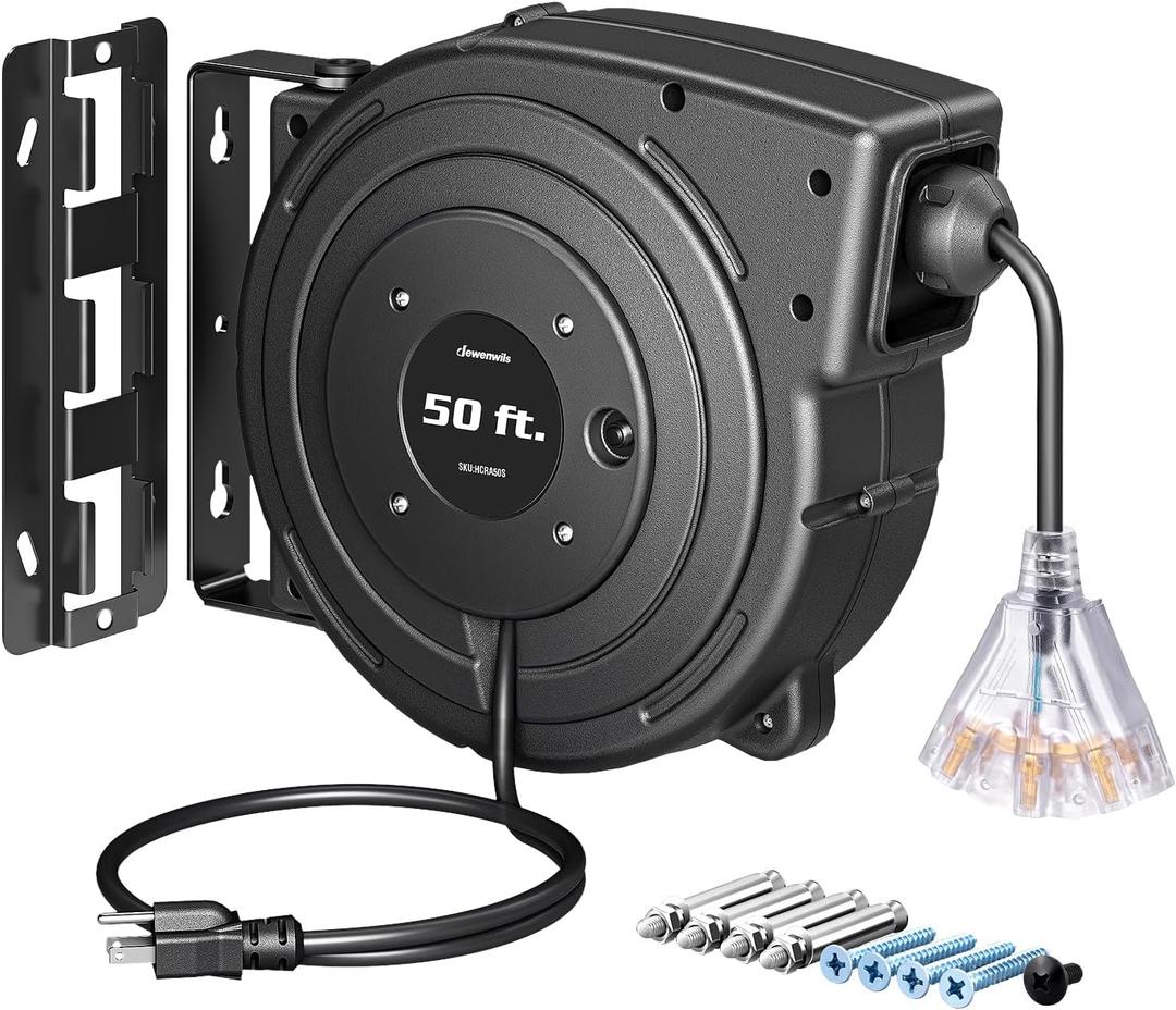 DEWENWILS Retractable Extension Cord Reel, 50FT Heavy Duty Power Cord, 14/3AWG SJTOW, Lighted Triple Tap Outlets, 13 Amp Circuit Breaker, Ceiling/Wall Mount, UL Listed (Black)