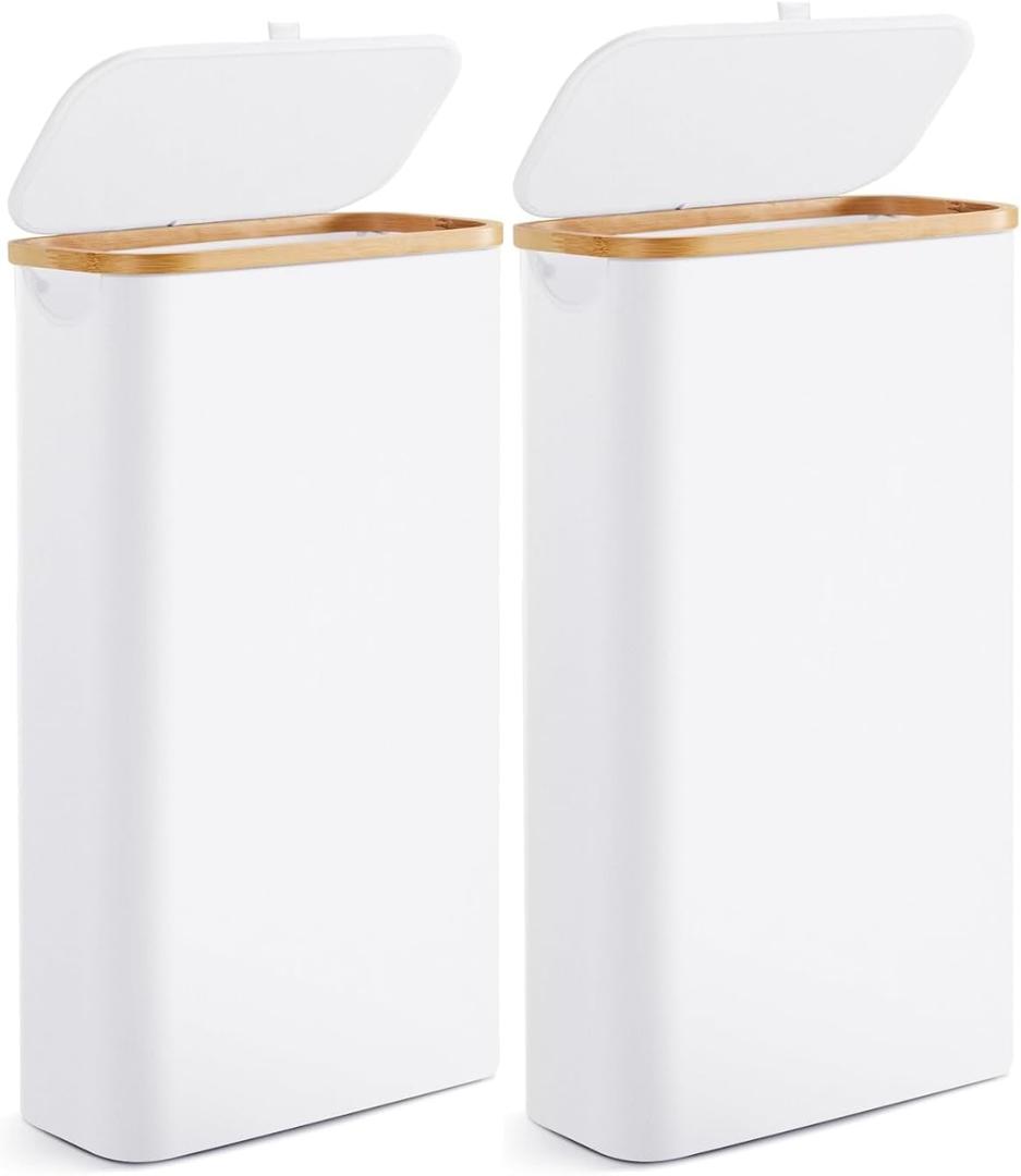 Slim Laundry Hamper with Lid by Fiona's magic, 63L Narrow Laundry Basket with Removable Bag, White Collapsible Dirty Clothes Basket, Thin Tall Storage Basket for Bathroom, Bedroom (White, 2Pack)