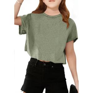 Girls Short Sleeve Crop Tops Kids Fashion Athletic Crew Neck Cropped T Shirts Casual Basic Tees