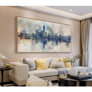 arteWOODS Framed Canvas Wall Art - Abstract New York City Painting Wall Decor Indigo Blue Gray Panoramic Art Print Skyline Reflection Pictures Artwork City Landscape Living Room Bedroom 29" x 58"