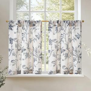 jinchan Linen Kitchen Curtains 36 Inch Vintage Floral Tier Curtains Farmhouse Cottage Cafe Rod Pocket Country Small Window for Laundry Room Bathroom RV 2 Panels Blue on Beige