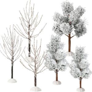 Ysleen 6 Pieces Mini Snowy Pine Decor Trees Small Artificial Holiday Branch Village Displays Frost Tree for House Garden Festival Decorations,3 Sizes