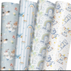 SaringSwoon Baby Shower Wrapping Paper for Boys Birthday Baby Shower - Blue Gift Wrap With Funny Animals, Airplane, Rainbow, Elephants, Balloon and Baby Boy Design - 20×29 Inches, 8 Folded Sheets pack of 5