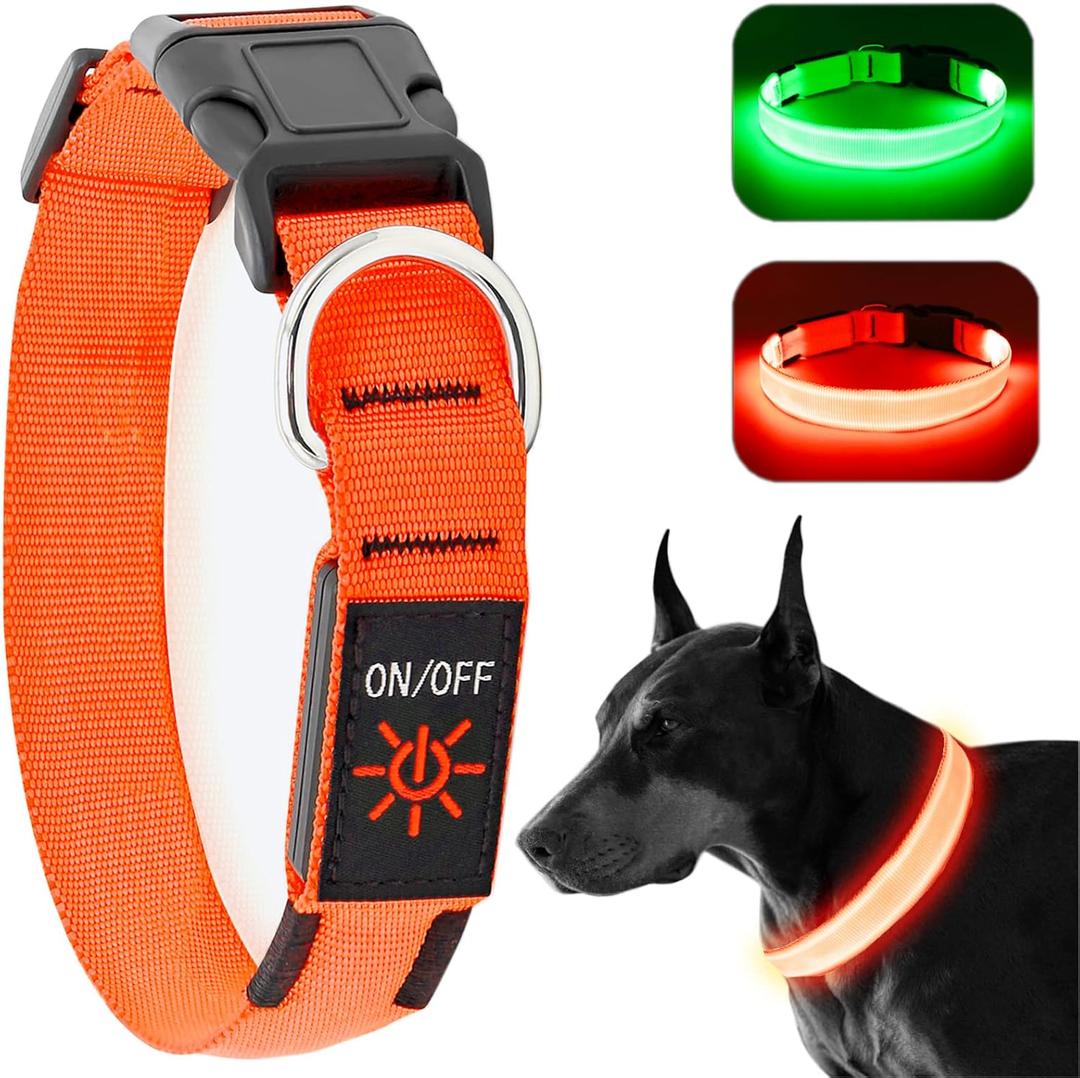 LED Dog Collar - Adjustable, Waterproof, Glow in Dark for Night Walking, Medium Large Dogs (Orange)