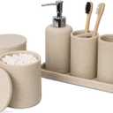 ZCCZ Beige Bathroom Accessories Set 6 Pieces - Toothbrush Holder, Lotion Dispenser, Qtip Container, Vanity Tray, Tumbler - Countertop Organizer for Bathrooms - Elegant and Functional Dcor Set