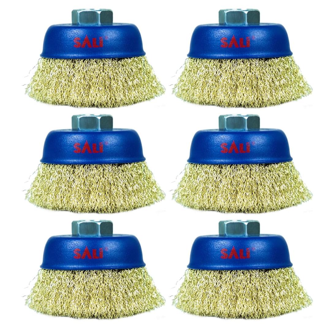 SALI 6 Pack Wire Cup Brush, 3 Inch Coarse Crimped Cup Brush for Grinders, with 5/8 Inch Arbor for Heavy Cleaning Rust, Stripping and Abrasive, for Angle Grinder