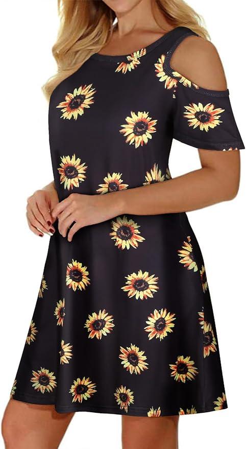 Misyula Style Womens Summer Cold Shoulder Floral Flowy T-Shirt Dress with Pockets, Medium 