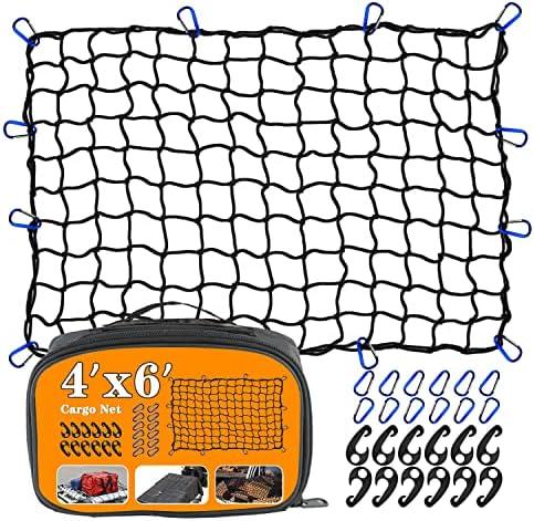 4’x6’ Truck Cargo Net Expands to 8' x 12' with 4"x4" Mesh Grid Super Duty Bungee Heavy Duty Bed Netting for Truck Bed Stretches with 12 Adjustable Metal Carabiners by Cenipar