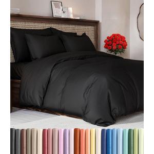 Duvet Cover Queen Size Set - Extra Soft Queen Duvet Cover 90" x 90" with 2 Pillow Shams - Hotel Luxury, Easy Care and Fade Free w/ Zipper Closures & Ties - All Season, Comfy, Cozy & Breathable (Black)