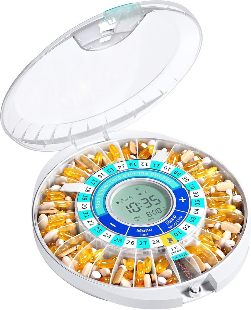 Daviky Automatic Pill Dispenser for Elderly with Alarm, 28-Day Electronic Locked Pill Box, Sound & Light Reminders for Medication, Vitamins, and Supplements (Green)