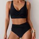 Fanuerg Women High Waisted Bikini Sets V Neck Cross Twist Front Two Piece Swimsuit Tummy Control Bathing Suit (Black, XL)