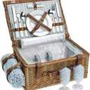 Personalized Honey Picnic Basket Set for 2, Willow Hamper with Large Insulated Cooler. Waterproof Blanket and Cutlery Service KitH Size 16×7.5