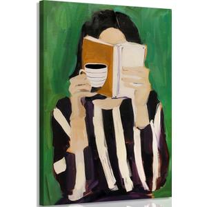Tertiosh Emerald Green Modern Reading Woman Canvas Wall Art Books and Coffee Wall Decor Pictures Simple black and white stripes painting Abstract Female Portrait Print Office library decoration 12x16