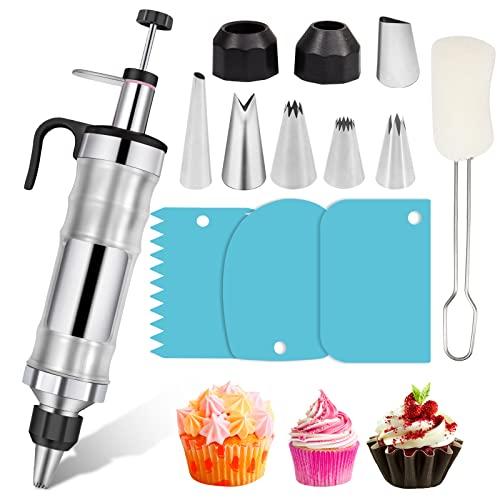 Dessert Decorating Syringe Set Frosting Piping Kit Stainless Steels Cake Decorating Tool 6 Russian Piping Icing Nozzles Cream Scraper Cupcake Frosting Filling Injector Cake Icing Tools