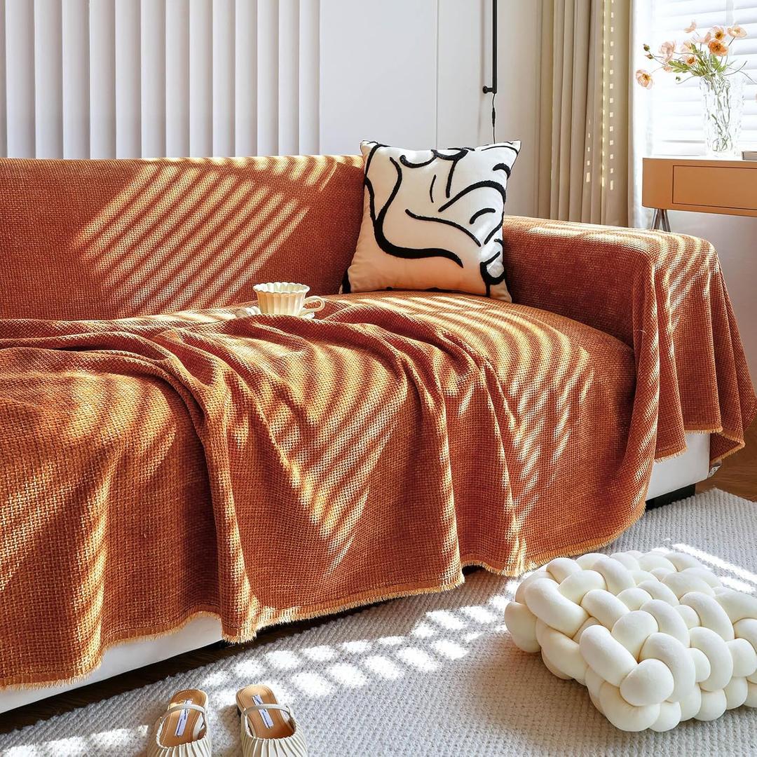 HANDONTIME Brunt Orange Couch Covers for 3 Cushion Couch Sofa Washable Corduroy Jacquard Sofa Slipcovers Caramel Couch Cover for Kids Soft Chenille Sofa Covers Couch Cover Blanket Thick, 71" X134"