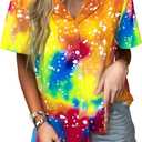 Women Hawaiian Shirt Soft Cool Summer Hawaii Tshirts Beach Tropic Print V Neck Button up Tops Floral Short Sleeve Tops (Medium, Tie Dye Yellow-2)