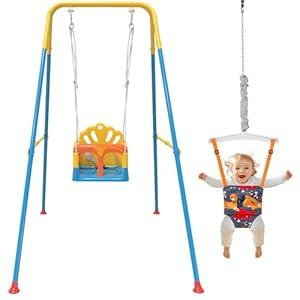 Foldable Toddler Swing Set and Baby Jumper, Indoor & Outdoor Use, Baby Bouncer Jumper, Safe and Durable Swing Set for Backyard (Blue)