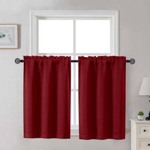 Gwine Kitchen Curtains for Small Window Treatment, Light Filtering Short Cafe Curtains Over Sink, Half Window Drapes Tier for Bedroom Bathroom Rod Pocket, Each 30" Wx36 L, Red, 2 Panels