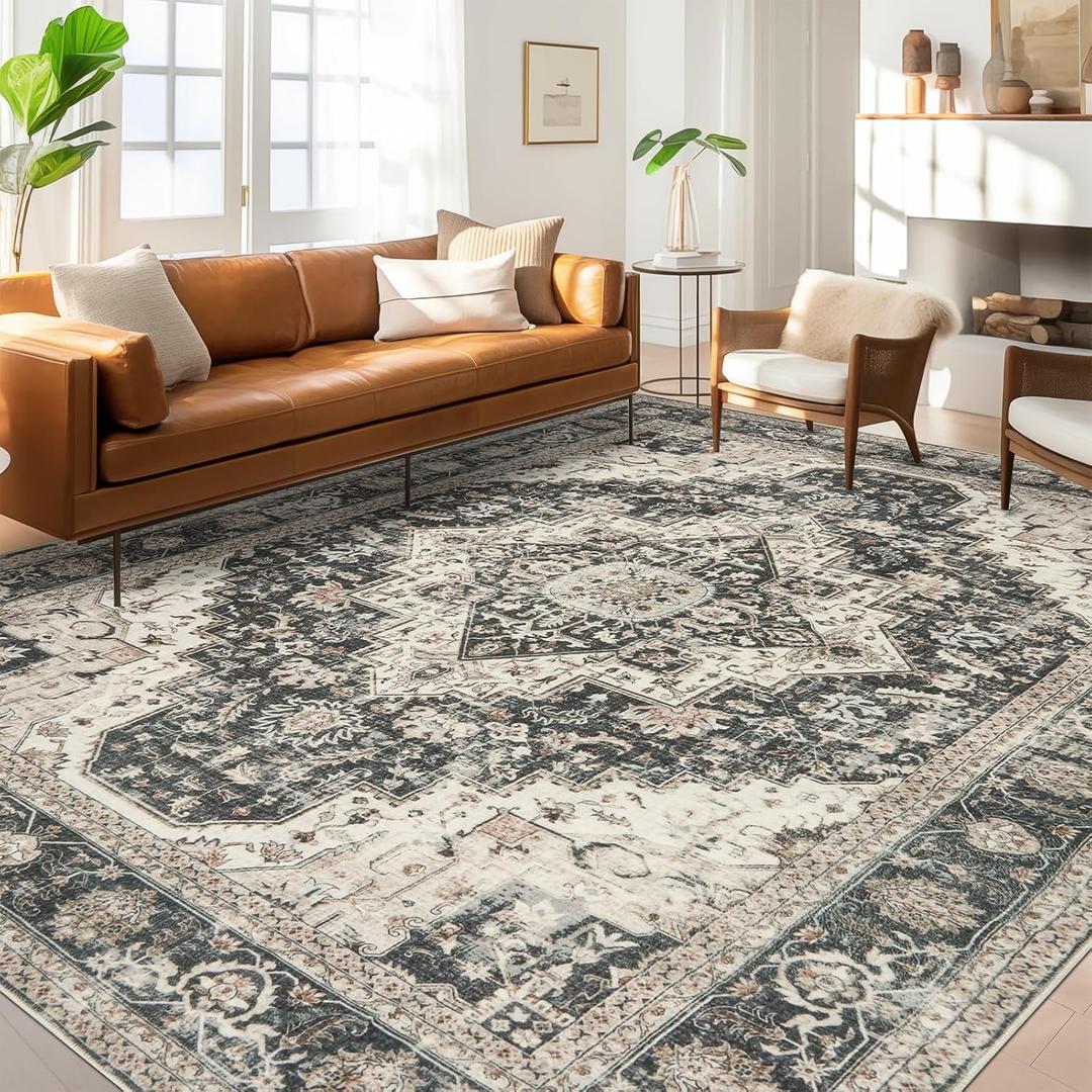Washable Rugs 8x10 Area Rugs for Living Room, Bedroom, Office, Ultra-Thin Anti Slip Backing Rug, Super-Soft Vintage Large Area Rug, Home Decor Farmhouse Rugs (Black/Beige, 8'x10')