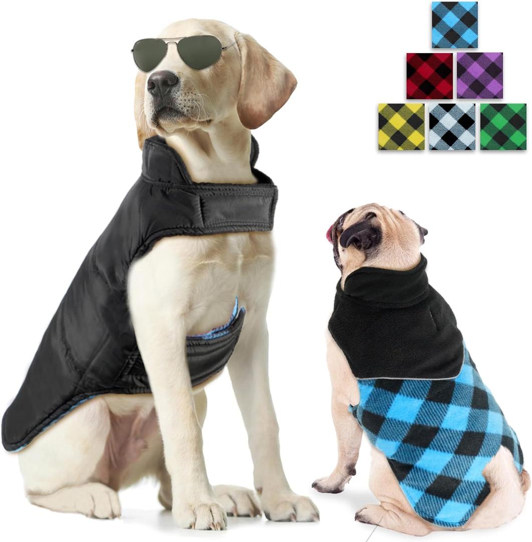 Fragralley British Style Plaid Coat - Reversible Dog Jacket, Waterproof & Reflective, Warm Fleece Sweater for Small to Large Dogs, Leash Hole