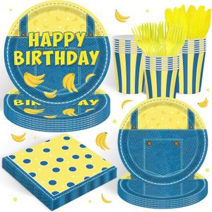 120PCS Yellow Cartoon Themed Party Supplies for Boys Girls 1st 2nd Birthday Party Banana Cake Table Decorations Plates Napkin Cups Tableware Set for 20 Guests