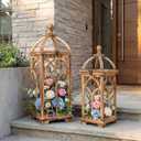 Large Farmhouse Wooden Decorative Lantern Set of 2, Rustic Brown Burnt Wood Hanging Lanterns for Indoor Outdoor Home Garden Porch Wedding Decor (No Glass)