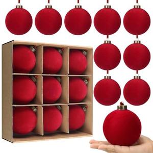 9 PCS Christmas Velvet Balls Flocked Xmas Tree Ball Ornaments Christmas Large Ball Set Xmas Tree Hanging Decoration (Red, 4inch)