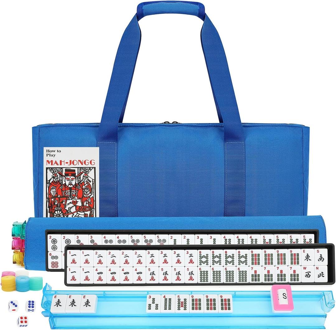 Suncle American Mahjong Tile Set,166 White Tiles Mahjong Set,4 Colors Mahjong Racks,Travel Mahjong Set with Blue Carrying Bag