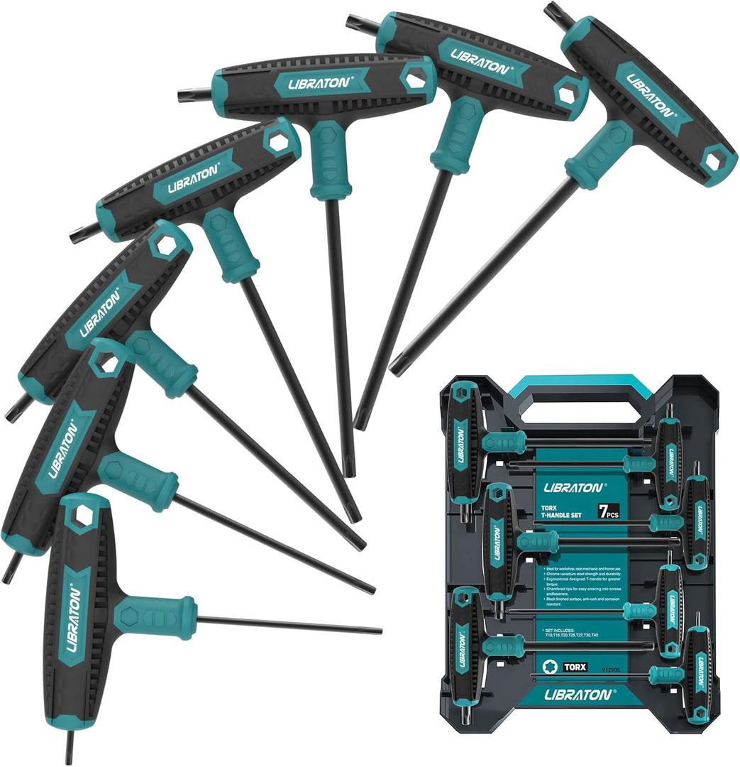 LIBRATON T Handle Wrench Set, T-Handle Torx Key Set, Two-tip Design, T10-T40, Suitable for Torx Screws, Auto Bike Repair Tool, 7-Pieces with Storage Box
