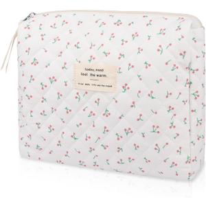Floral Makeup Bag, Small Cosmetic Bag for Women Girls, Cute Cotton Makeup Bag, Quilted Makeup Bags, Flower Travel Toiletry Organizer Bag(White Cherry)